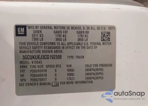 2012 Chevrolet Silverado 1500 Hybrid 1Hy from USA, damaged, VIN 3GCUKUEJ3CG192308